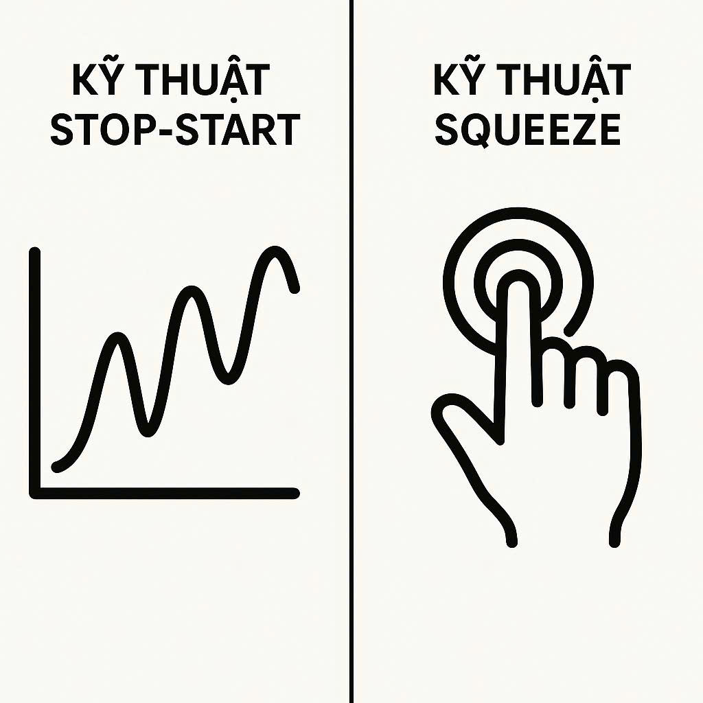 Minh họa kỹ thuật Stop-Start và Squeeze, hai bài tập hiệu quả giúp nam giới rèn luyện khả năng kiểm soát xuất tinh.